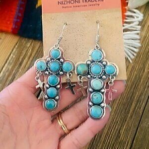 Cross Dangle Western Faux Turquoise Engraved Earrings